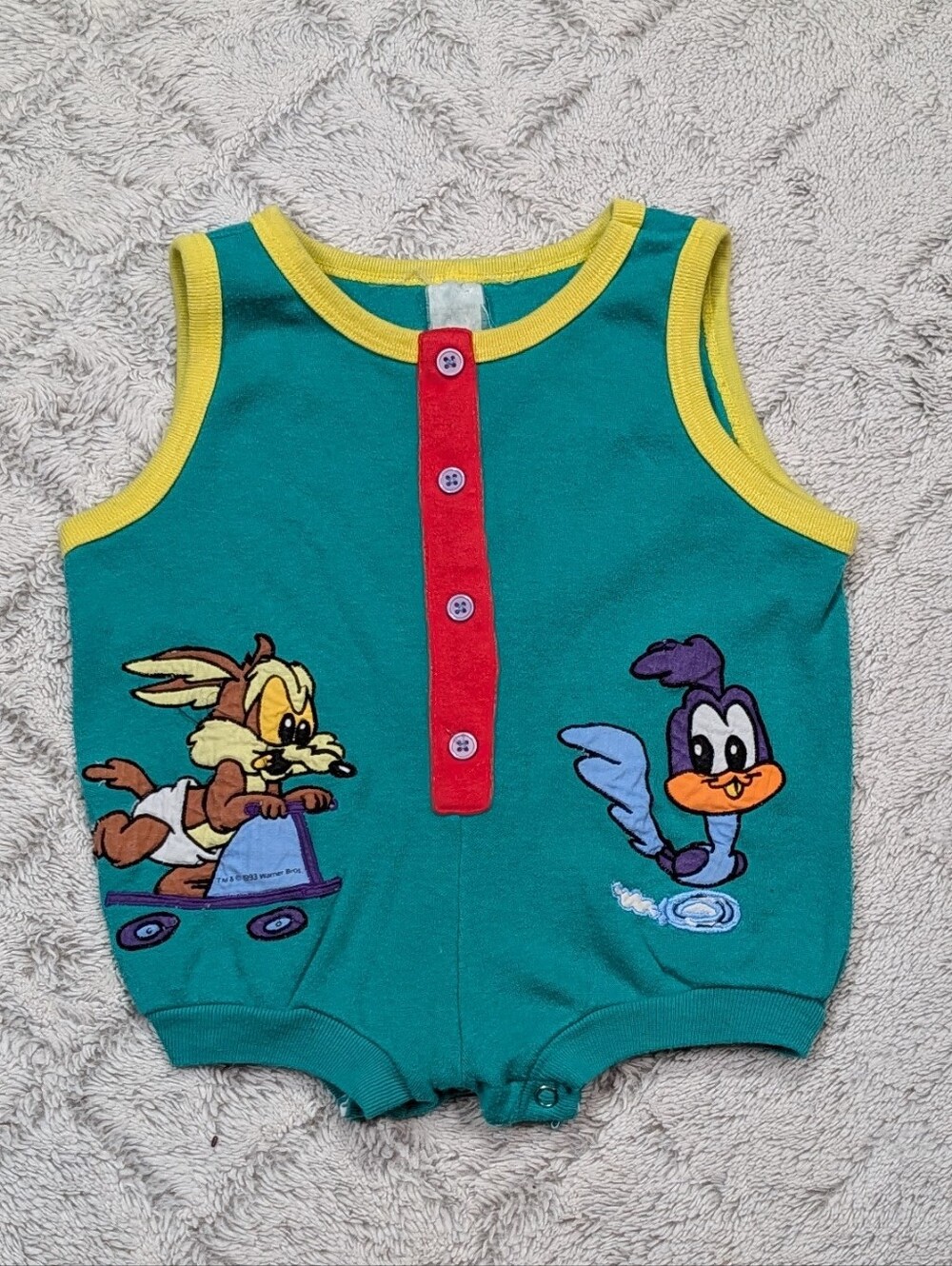 Vitg Wylie Coyote Roadrunner Romper Kids 2T Green Baby Warner Bros 90s USA